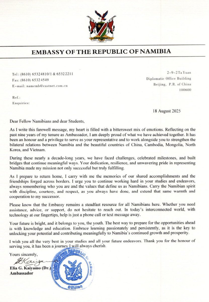 Namibian Ambassador's Shocking Farewell: What's Next? —  Namibia-China relations, Elia Kaiyamo farewell, new ambassadors Namibia 2025