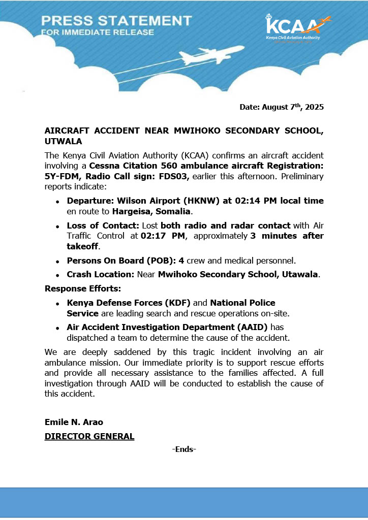Shocking Air Ambulance Crash: What Went Wrong? —  Air ambulance crash news, Utawala aircraft incident updates, KCAA aviation safety investigation