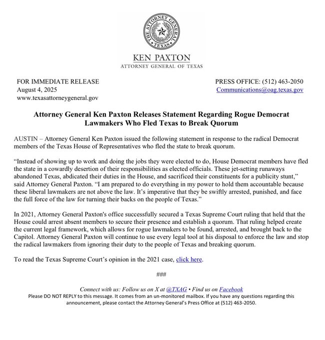 Texas AG Calls for Arrest of Fleeing Democrats! —  Texas political crisis, 2025 Texas law enforcement response, Democratic lawmakers accountability