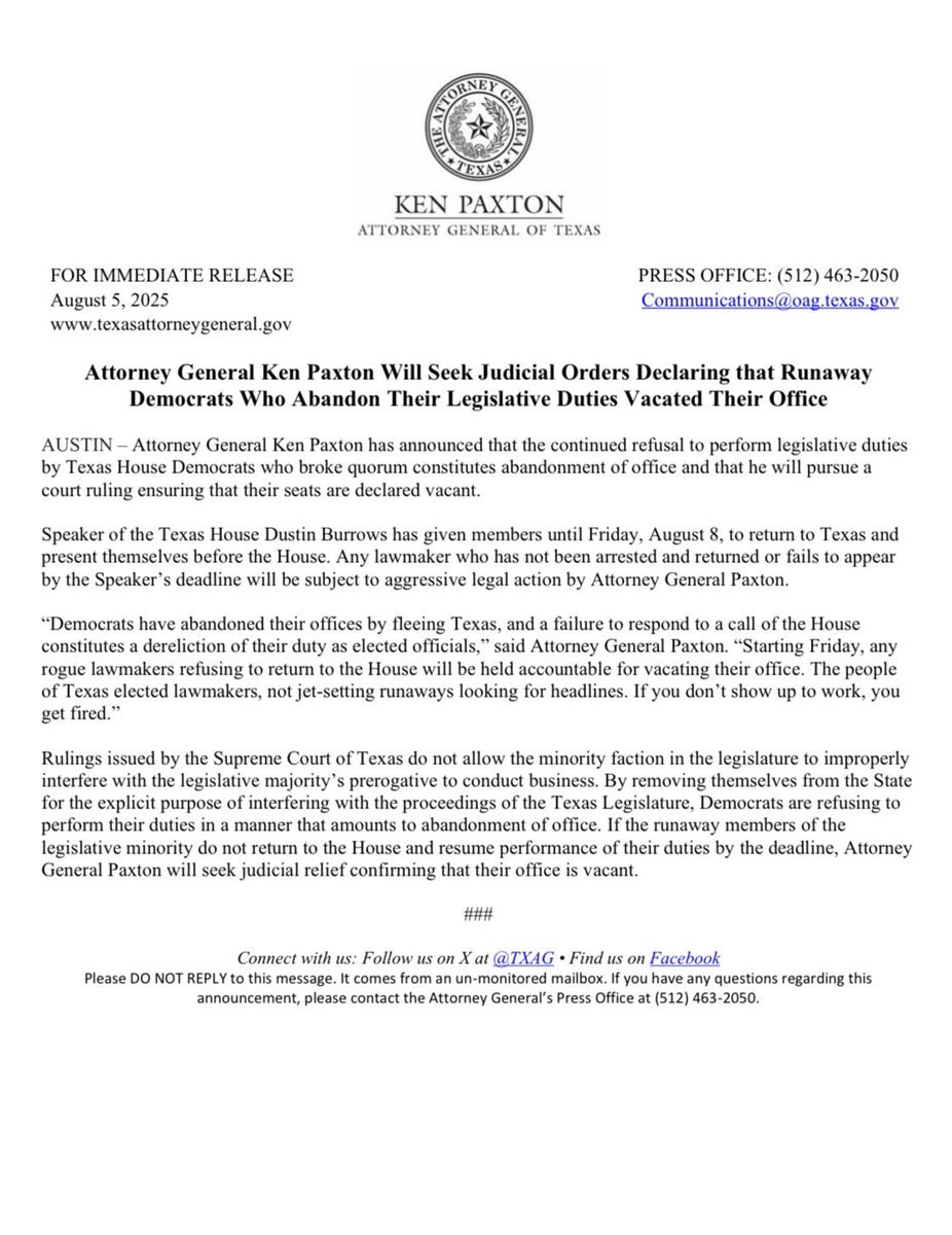 Texas AG Declares House Dems' Absence 'Abandonment'! —  Texas House Democrats Quorum Crisis, Attorney General Paxton Legislative Action, Vacant Seats Texas 2025
