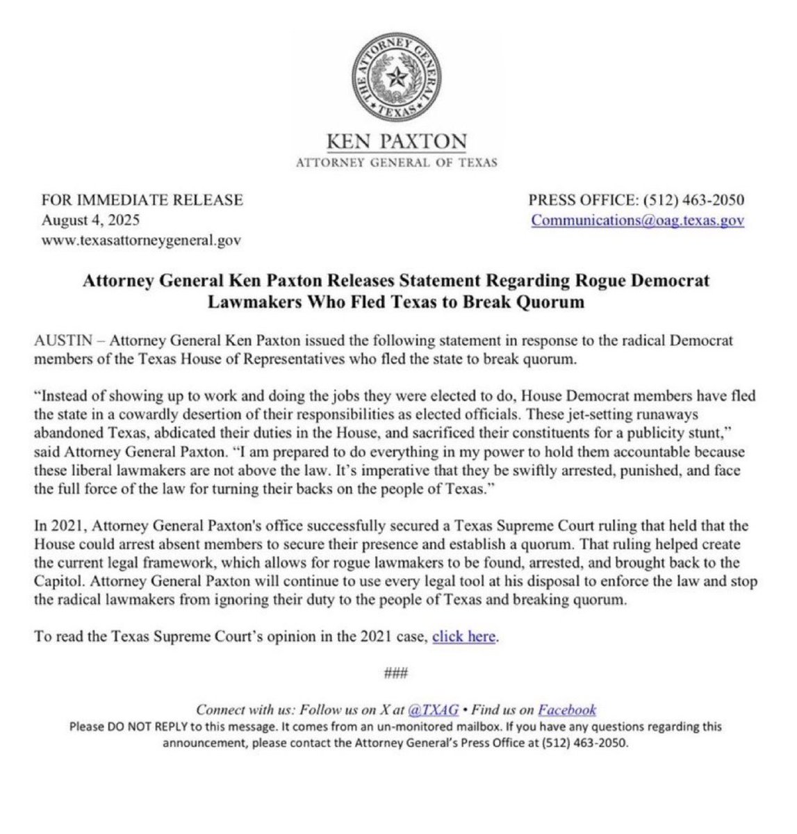 Texas AG Demands Arrest of AWOL Democrats: Shocking Showdown! —  Texas Democrats Arrest, Ken Paxton Statement, Civil Arrest Warrants 2025