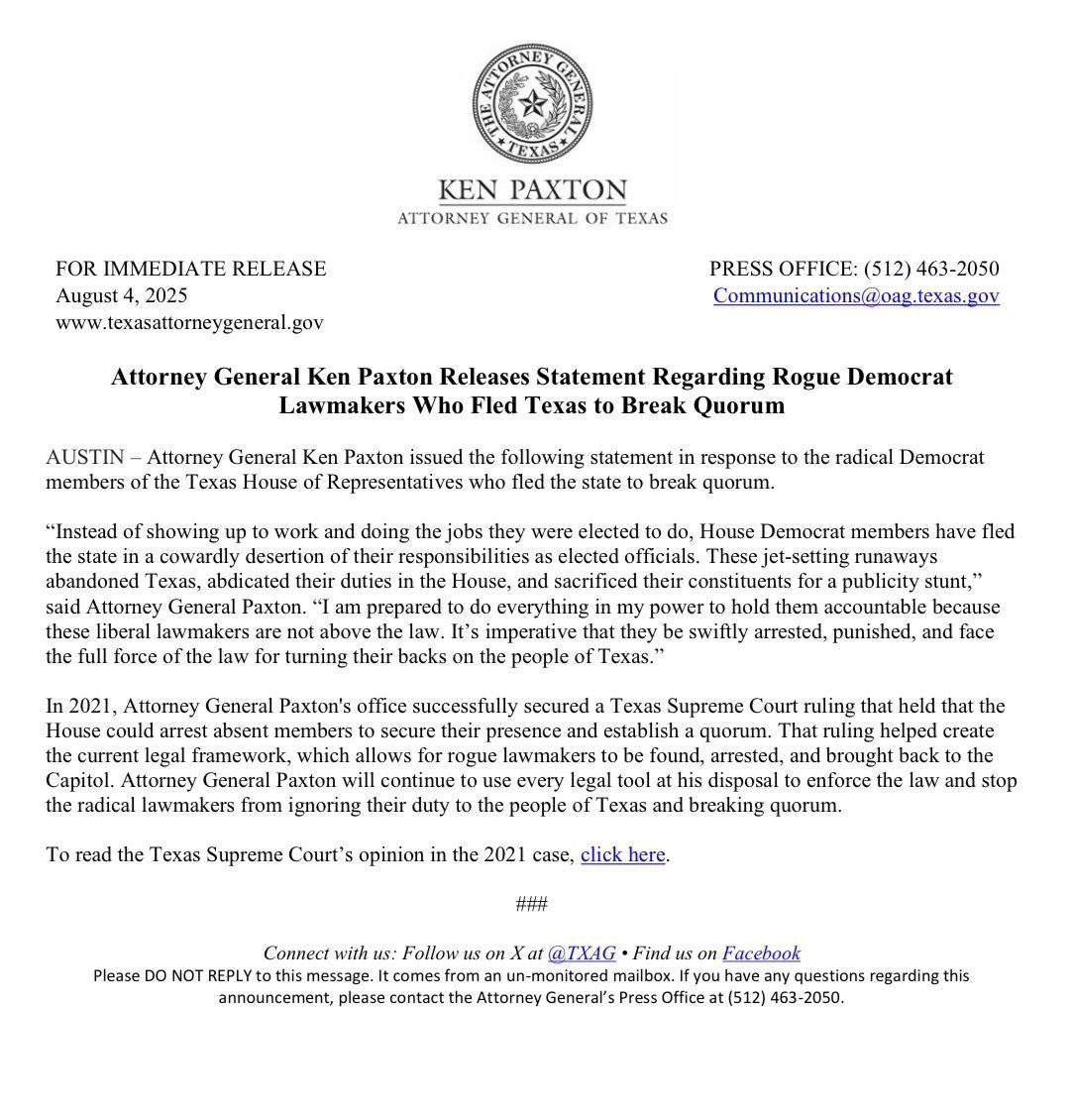 Texas AG's Shocking Move: Arresting Fleeing Democrats! —  Texas lawmakers arrest news, Texas AG Paxton order, Democrat lawmakers flee Texas
