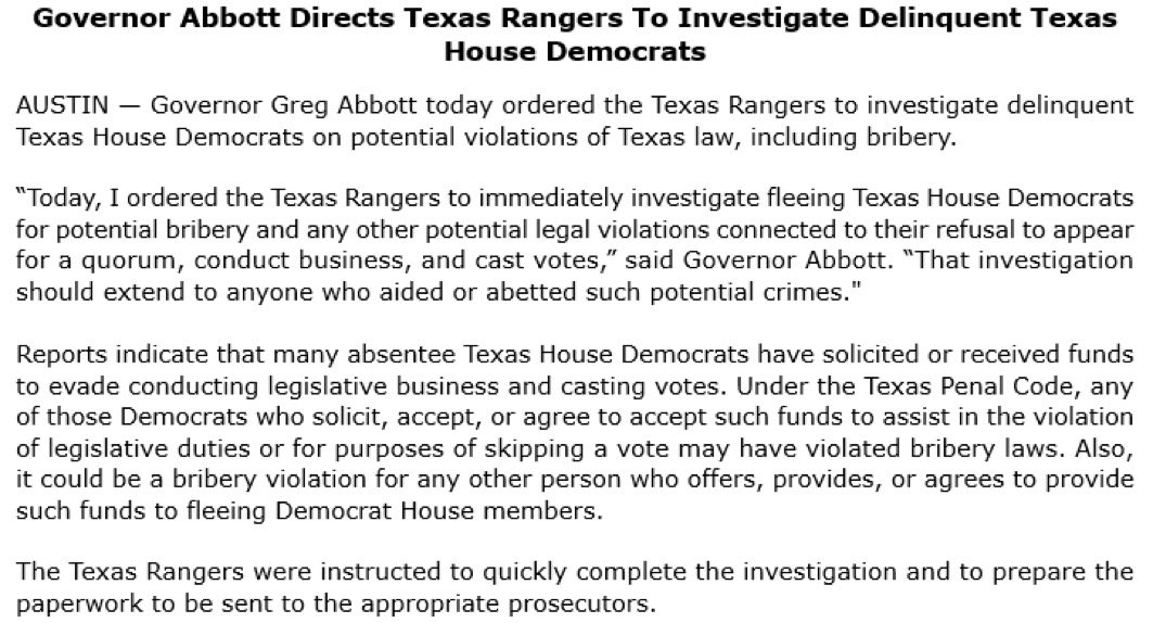 Texas Rangers Investigate Democrats for Alleged Bribery! —  Texas Rangers investigation, Greg Abbott law enforcement, Democratic lawmakers bribery allegations