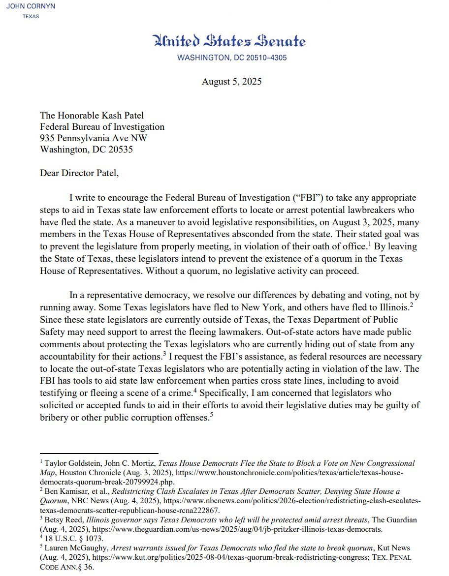 Texas Senator Calls for FBI Hunt for Demorat Fugitives! —  Texas political fugitives, redistricting justice, FBI investigation Texas 2025