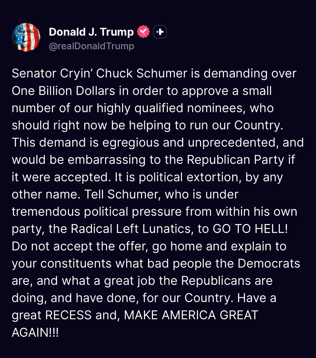 Trump's Explosive Claim: Schumer's EXTORTION Attempt! —  Trump Schumer feud, Senate adjournment tactics, political extortion allegations