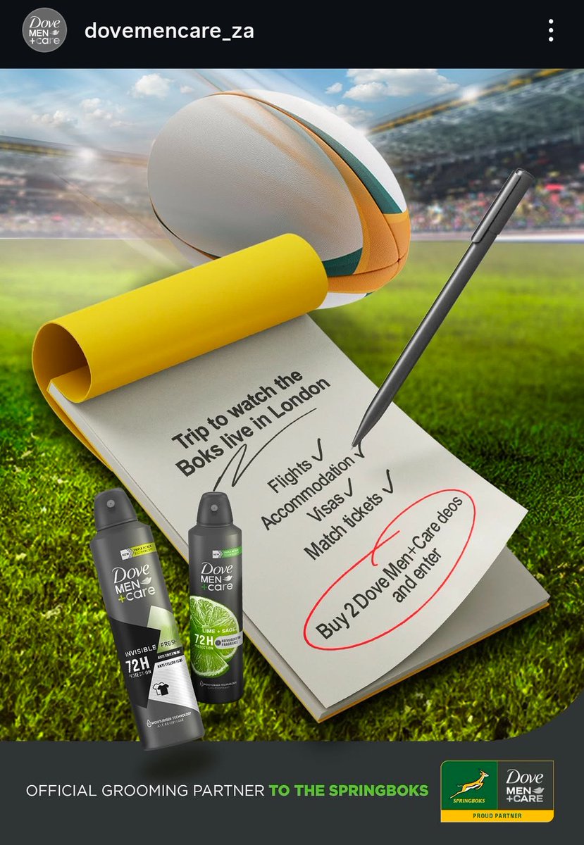 "Dove's Shocking Promo: Win VVIP Springboks Tickets!"

Sweet Guluva Owns The Moment  
Guluva Zwane Akhonamathemba —  Dove Man+Care promotion, Springboks ticket giveaway, London match experience 2025