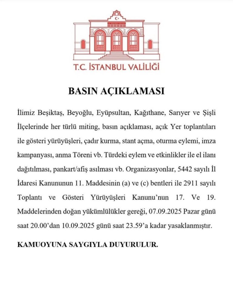 "İstanbul'da Eylem Yasakları: Neden? Ne Zaman? Nasıl?" —  İstanbul Valiliği yasakladı, mitingler Beşiktaş, Basın açıklaması Beyoğlu, Gösteri yürüyüşleri Eyüpsultan
İstanbul Valiliği çadır kurma yasağı, Sarıyer stant açma yasaklandı, oturma eylemi yasak
İstanbul Valiliği 2025, imza kampanyası yasak, anma töreni yasak Şişli'de