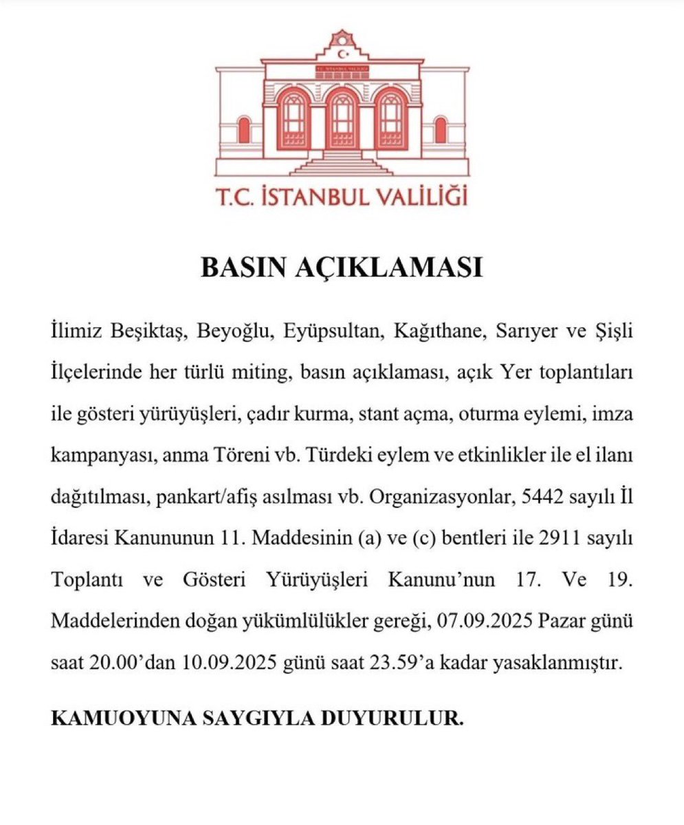 "İstanbul'da Eylem Yasakları: Neden? Ne Zaman? Nasıl?" —  İstanbul Valiliği yasakladı, mitingler Beşiktaş, Basın açıklaması Beyoğlu, Gösteri yürüyüşleri Eyüpsultan
İstanbul Valiliği çadır kurma yasağı, Sarıyer stant açma yasaklandı, oturma eylemi yasak
İstanbul Valiliği 2025, imza kampanyası yasak, anma töreni yasak Şişli'de