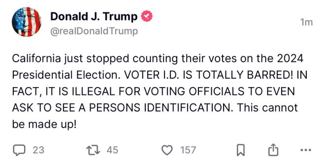 BREAKING: Trump Claims California Halted Vote Counting!
Calls for Voter ID to "STOP THE STEAL!"
