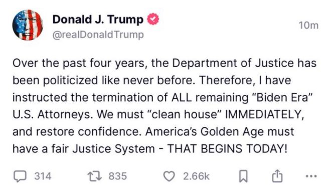 🚨BREAKING: Trump Orders ALL Biden-Era U.S. Attorneys Fired!
