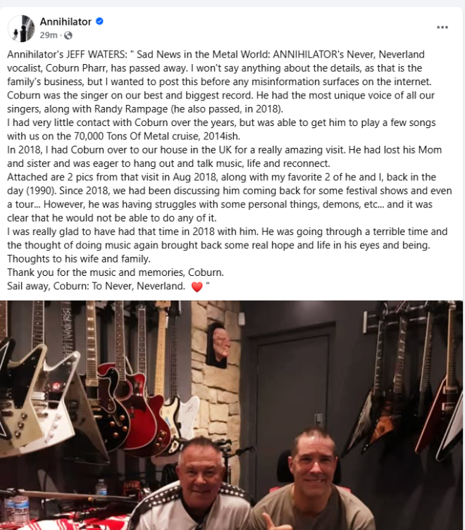 Death of Annihilator's Never, Neverland Vocalist Coburn Pharr