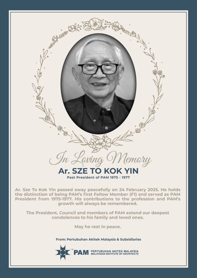 Death of Ar. Sze To Kok Yin, PAM's First Fellow Member