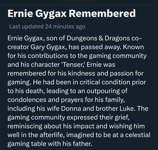 Death of Ernie Gygax: Defender of His Father's Legacy