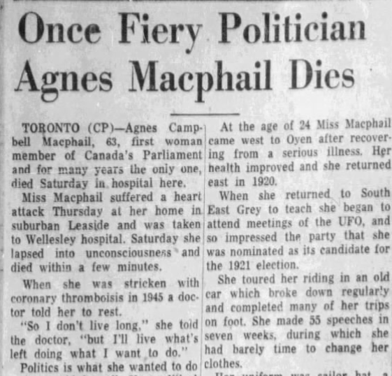 Death of Pioneer Politician Agnes Macphail at 63, Canada Mourns