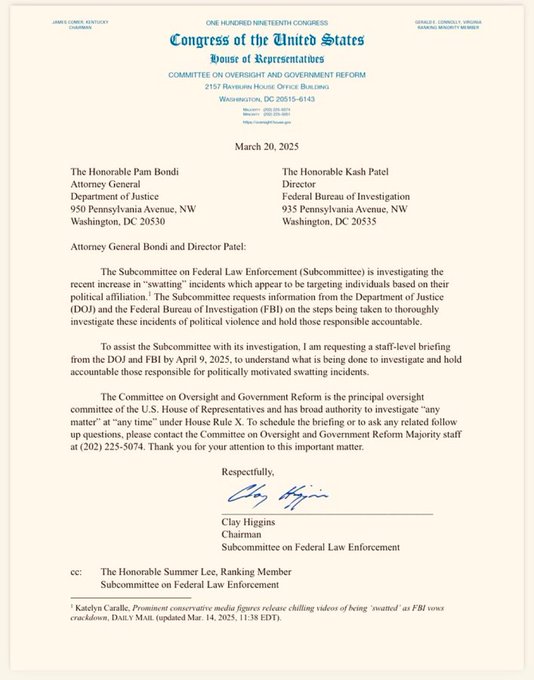 BREAKING: House Oversight Demands Answers on Conservative Swatting!