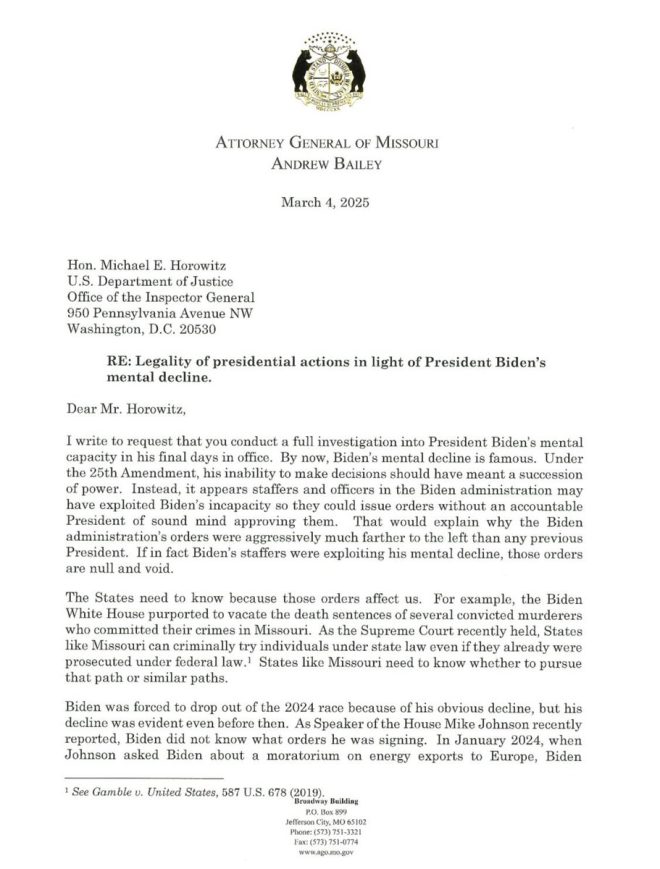 AG Bailey Demands DOJ Probe into Biden's Mental Decline Coverup