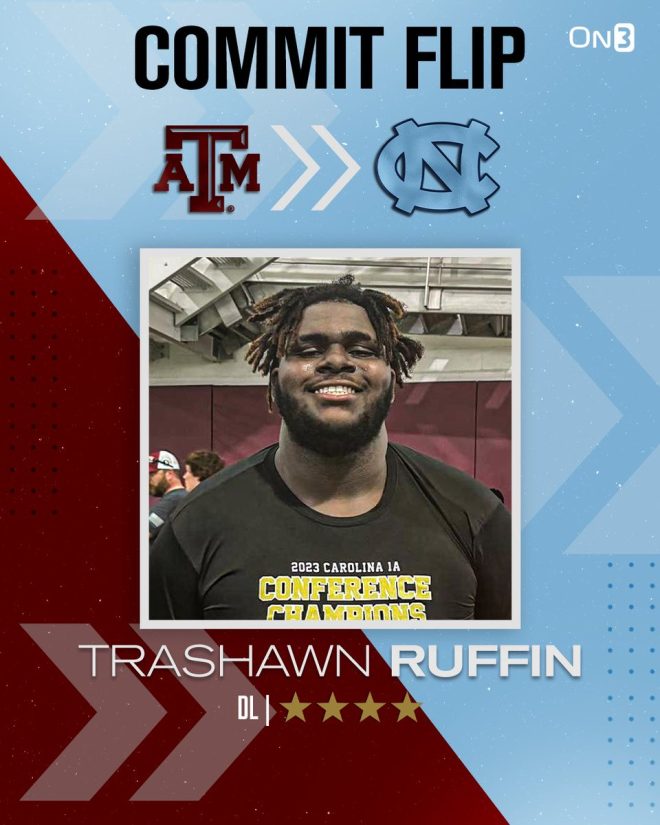 "🚨BREAKING🚨 4-star DL Trashawn Ruffin shocks college football world, ditches Texas A&M for North Carolina🐏"