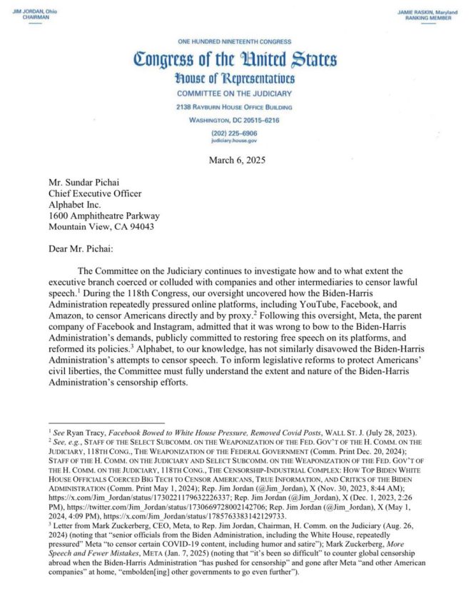BREAKING: Jim Jordan Subpoenas Alphabet Over Biden Censorship!
