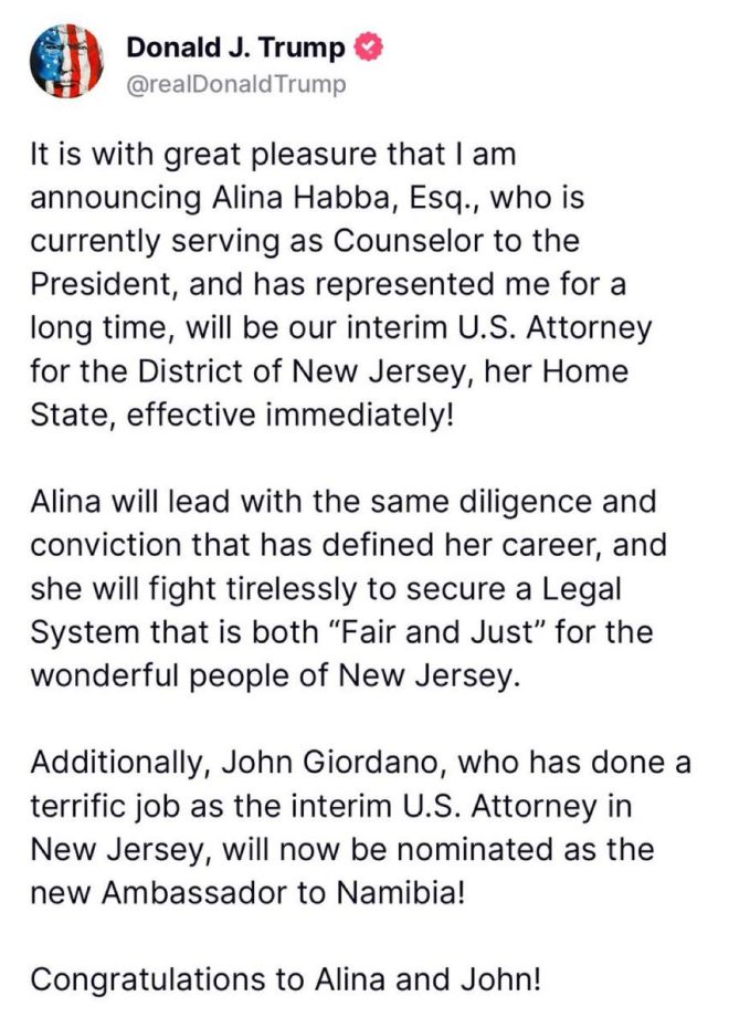 BREAKING: President's Counselor Alina Habba Named Interim U.S. Attorney!