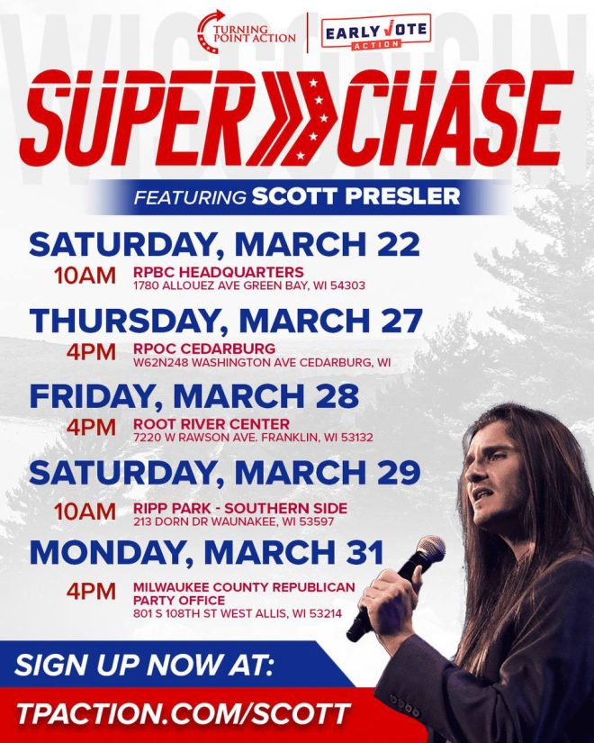 🚨 BREAKING: Scott Presler brings controversial SUPERCHASE events to Wisconsin, rallying for Brad Schimel in heated election battle! Join the fight for freedom NOW! Flip WI from blue to red on April 1st! #TPAction #EarlyVoteAction #ScottPresler #BradSchimel