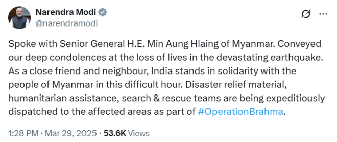 Death Toll Rises as Modi Expresses Condolences to Myanmar