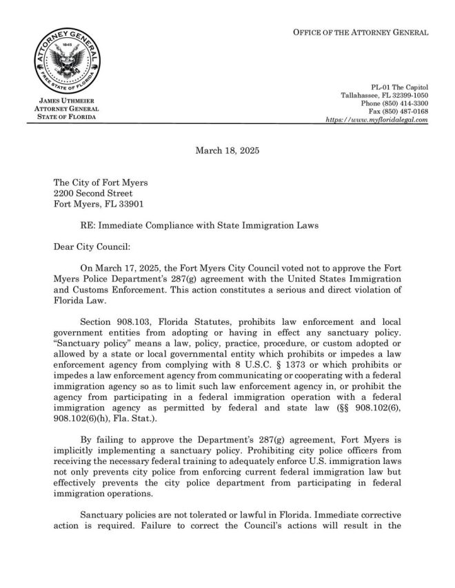 General Ashley Moody has called for an investigation into possible corruption within the city council. Governor DeSantis has stated that he will not tolerate any city officials who refuse to comply with federal immigration policies. Stay tuned for updates on this developing story. #FloridaPolitics #ICEraids #CorruptionInvestigation