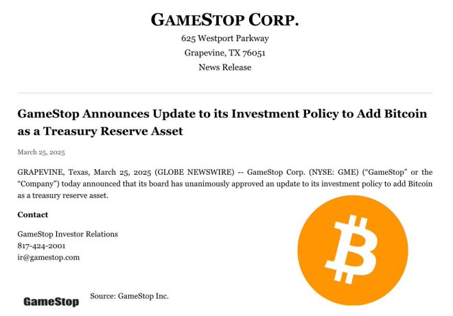 JUST IN: GameStop $GME to Buy Bitcoin as a Treasury Reserve!