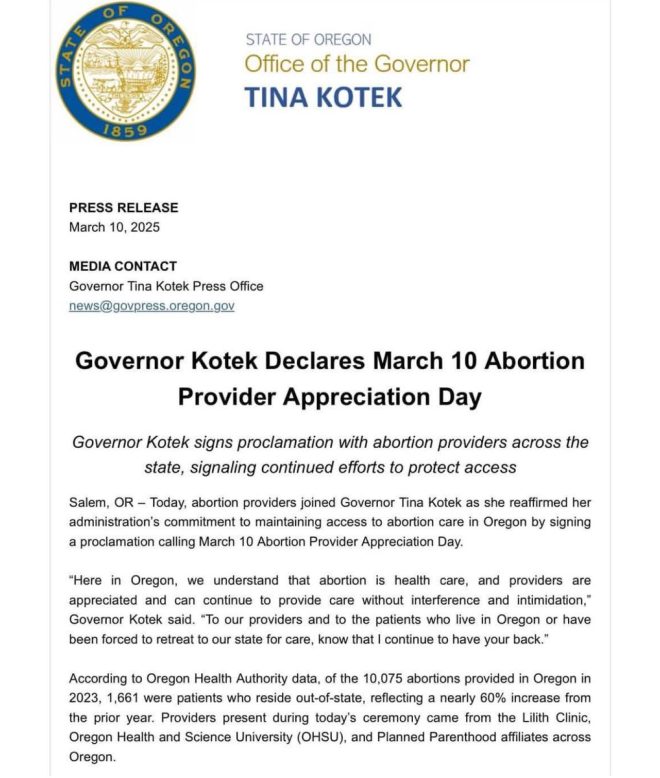 Oregon's Governor Kotek Declares "Abortion Provider Day"!