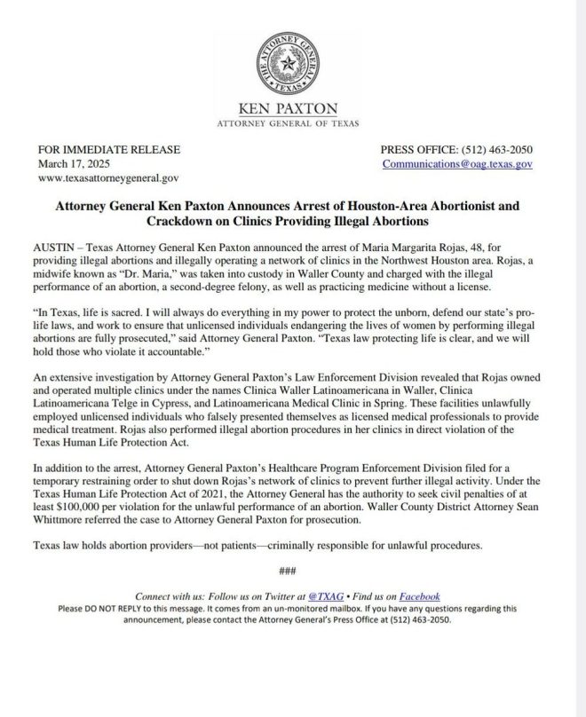 Texas AG Paxton Arrests Woman for Operating Illegal Abortion Clinics
