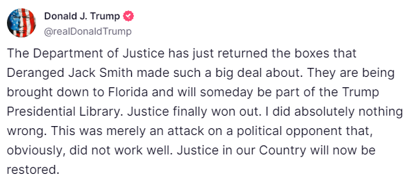 Trump Claims DOJ Return of Mar-a-Lago Documents Is Justice Served!