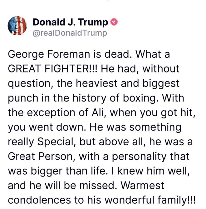 Trump Offers Condolences After Death of Boxing Legend Foreman
