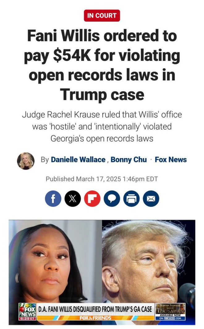 morning, stating that DA Fani Willis must pay hefty fine for breaking open records laws in Trump case.