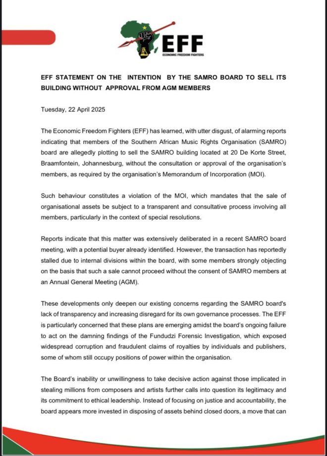 EFF Condemns SAMRO's Secretive Building Sale Without AGM Vote!