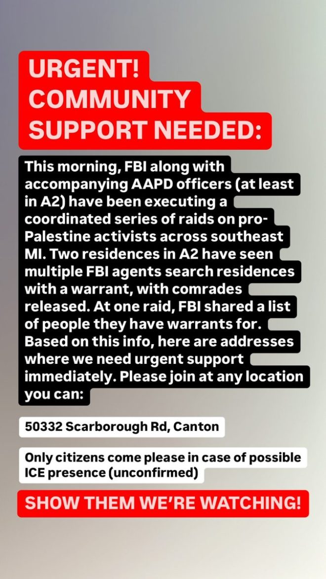 FBI Raids Homes of Pro-Palestine Activists at U of M!