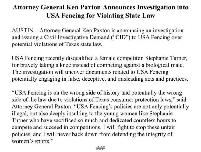 Texas AG Launches Probe After Female Fencer Expelled Over Gender