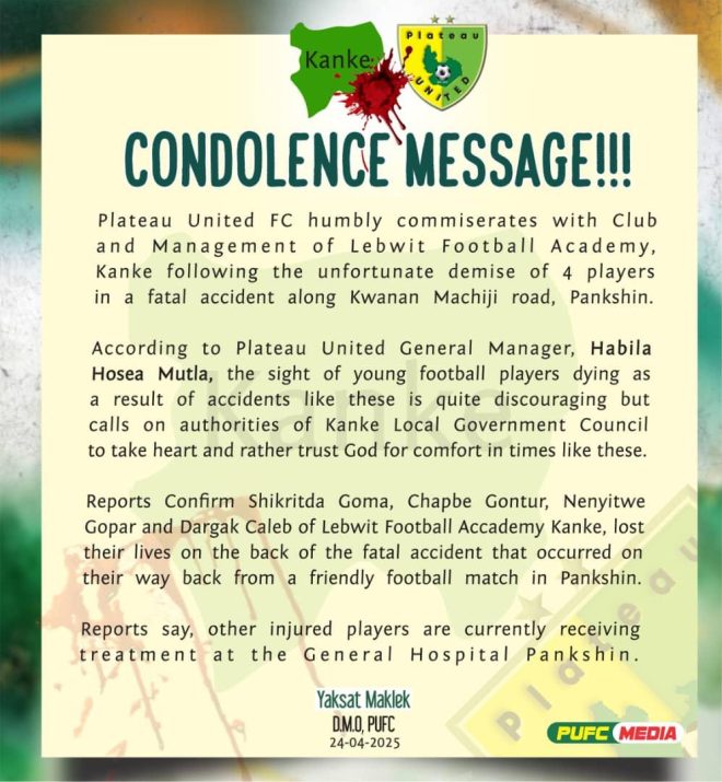 Tragic Death of Four Players from Lebwit Football Academy
## Devastating Accident Claims Lives in Plateau State