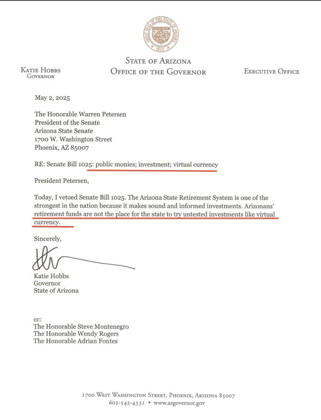 BREAKING: Arizona Governor Vetoes Crypto Investment Bill!