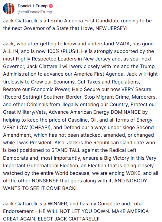 BREAKING: Trump Endorses Ciattarelli, Aims to Flip NJ RED!