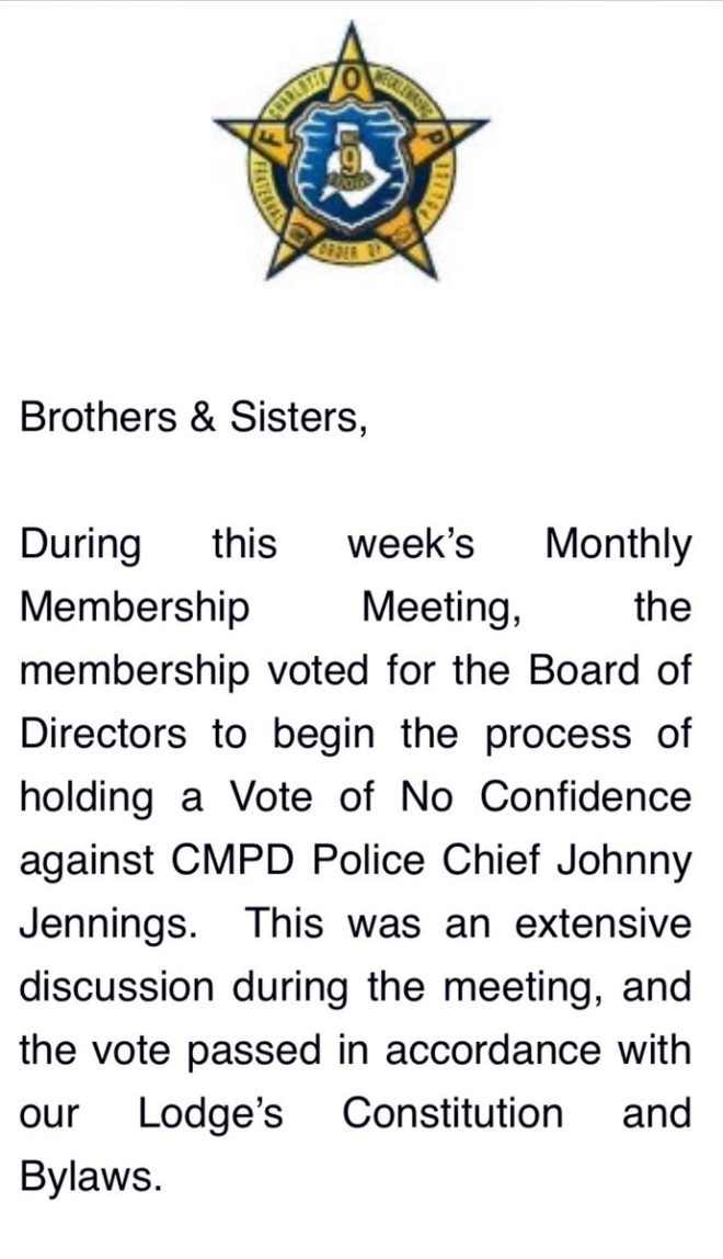 Breaking: FOP Board Issues No Confidence in CMPD Chief Jennings!