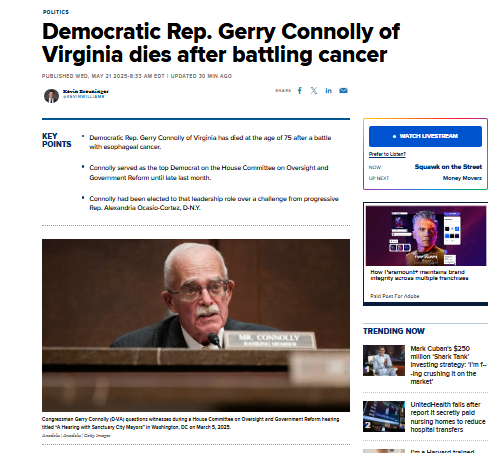 Death of Democratic Rep. Gerry Connolly at 75 After Cancer Fight
