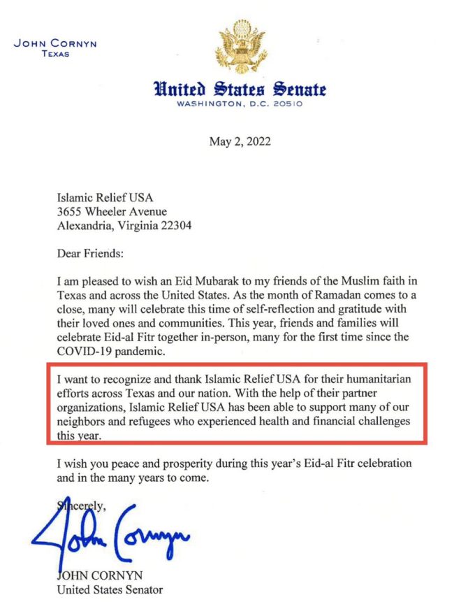 GOP Senator Cornyn Thanks Terror Group, Contradicts Anti-Sharia Stance