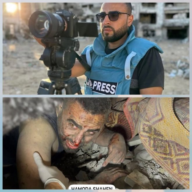 "Journalist miraculously rescued from Gaza rubble after deadly Israeli strike - 15 family members lost" —  Journalist rescue Gaza, Media strike aftermath, Conflict journalist survival