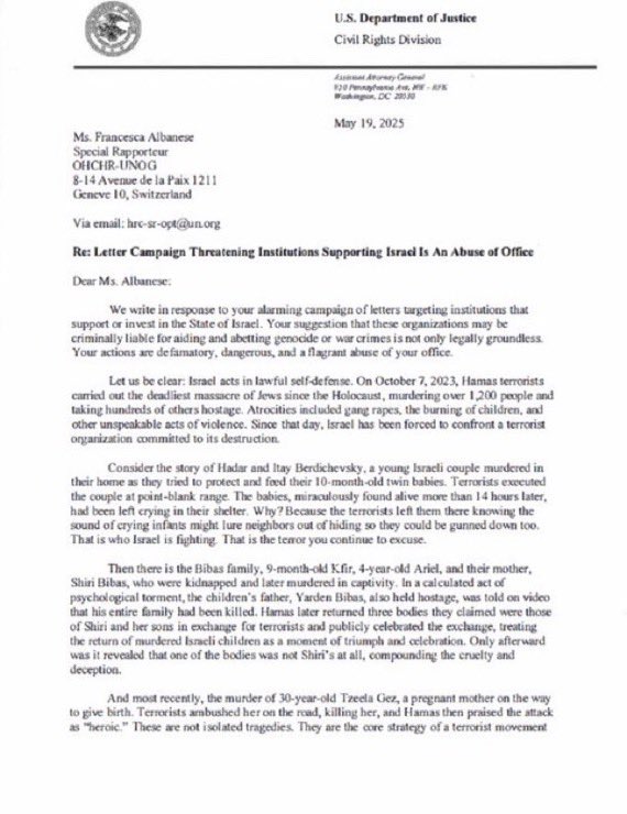 Justice Dept. Demands UN Oust Albanese Over Pro-Hamas Gifts! — Justice Department UN Letter, Francesca Albanese Controversy, Pro-Hamas Donations Scandal