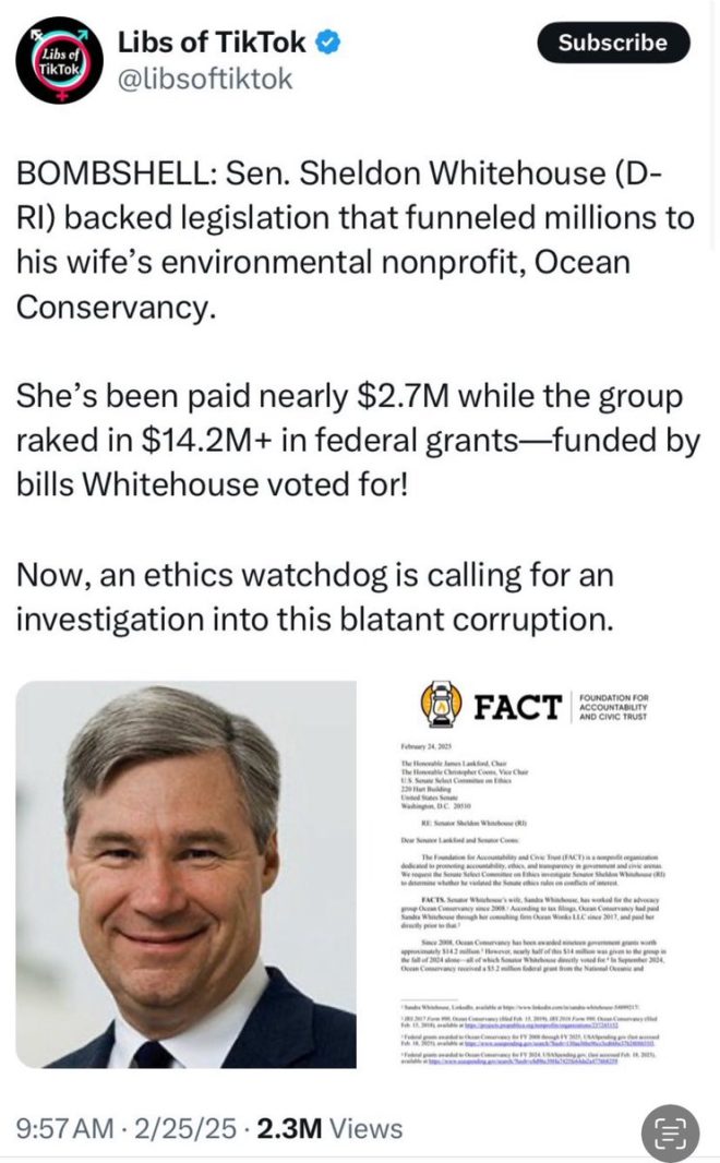 Senator Whitehouse's Green Slush Fund Scandal: Laundering Billions or Helping NGOs? — Senator Sheldon Whitehouse, Rep Lee Zeldin, green slush fund, NGOs, money laundering
taxpayer money, Sheldon Whitehouse, wife's NGO, government funds, financial scandal