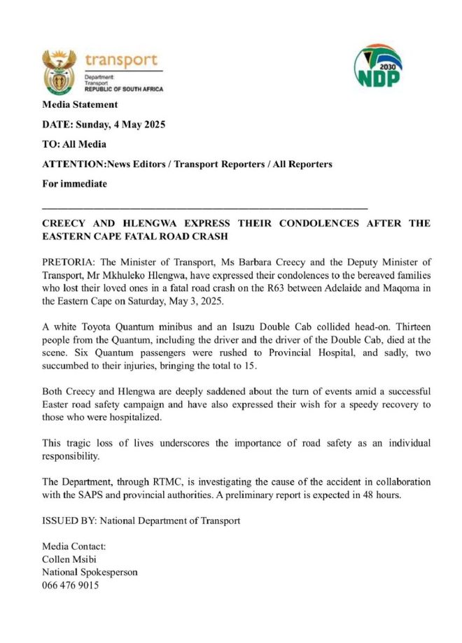 Transport Ministers Mourn Death of 15 in Eastern Cape Crash