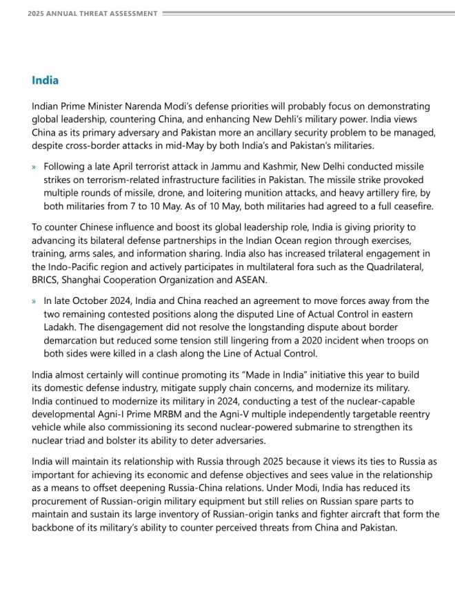 US Intel Report: India Sees China as Major Threat, Pakistan Minor — India China rivalry, US intel report 2025, Pakistan security issues