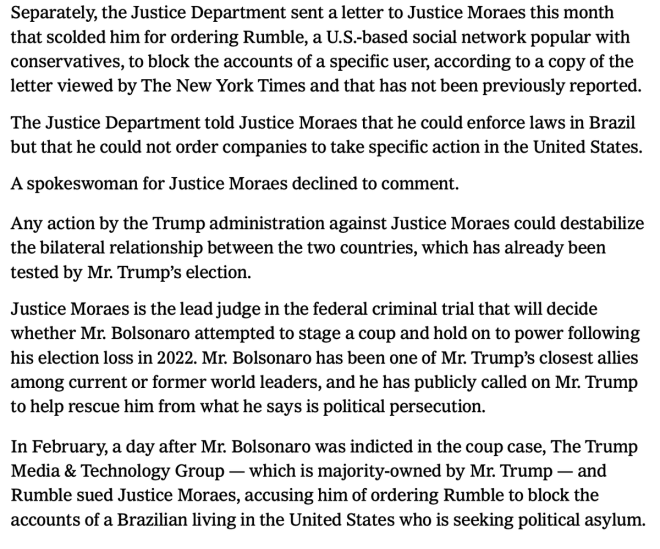 US Justice Dept. Scolds Brazil's Moraes Over Rumble Controversy! — departamento de justiça 2025, nova informação New York Times, carta Alexandre de Moraes