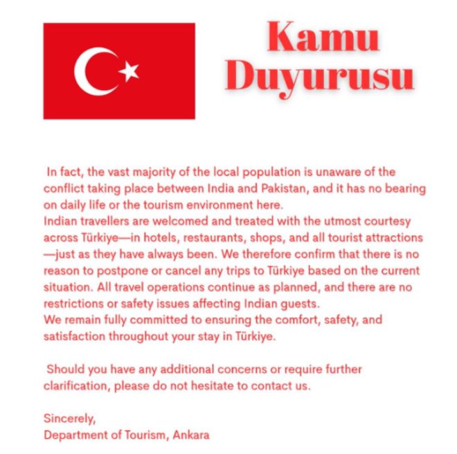 international forums.
🇮🇳🇹🇷 Indian government warns citizens: Traveling to Turkey equals funding Pakistan's military, jeopardizing national security.
🔥Turkish tourism industry faces backlash as Indian travelers boycott in support of Kashmir.
🚨Indian tourists urged to boycott Turkey, citing support for Pakistan's anti-India stance.