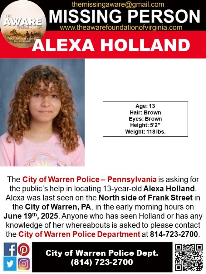 13-Year-Old Alexa Holland Vanishes: Community in Shock! — missing child alert Warren PA, urgent search for Alexa Holland, report missing teenager Warren Pennsylvania