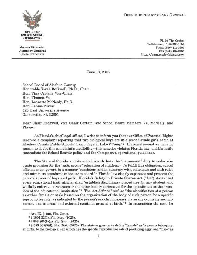 AG Uthmeier Orders Alachua Schools to Reverse Bunking Policy! — school gender policy changes, youth camp accommodation guidelines, Florida education legal news